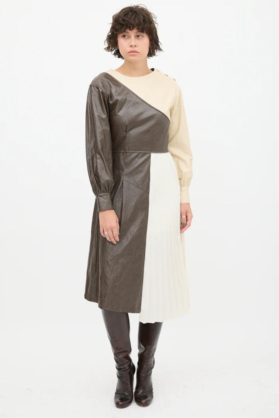 Andersson Bell Faux Leather Pleated A-Line Midi Dress Womens Small Brown Cream